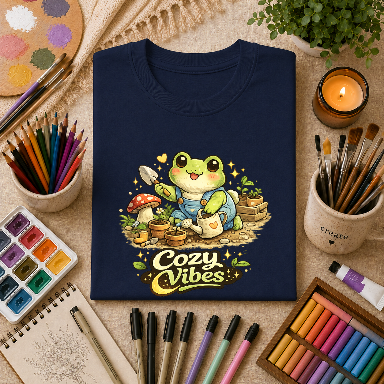 Cozy Garden Frog T-Shirt — Cute "Cozy Vibes" Gardening Tee