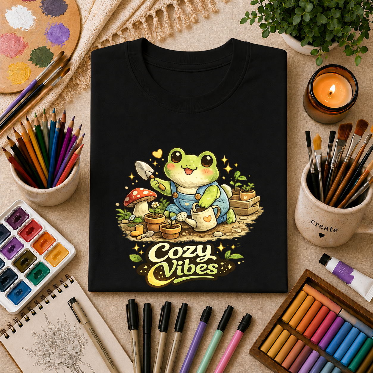 Cozy Garden Frog T-Shirt — Cute "Cozy Vibes" Gardening Tee