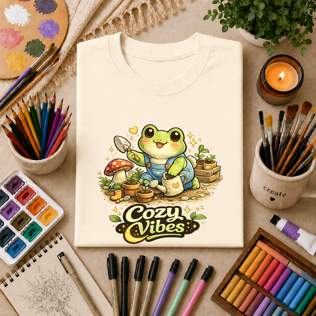 Cozy Garden Frog T-Shirt — Cute "Cozy Vibes" Gardening Tee
