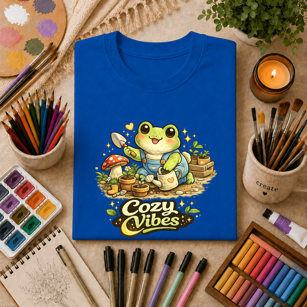 Cozy Garden Frog T-Shirt — Cute "Cozy Vibes" Gardening Tee