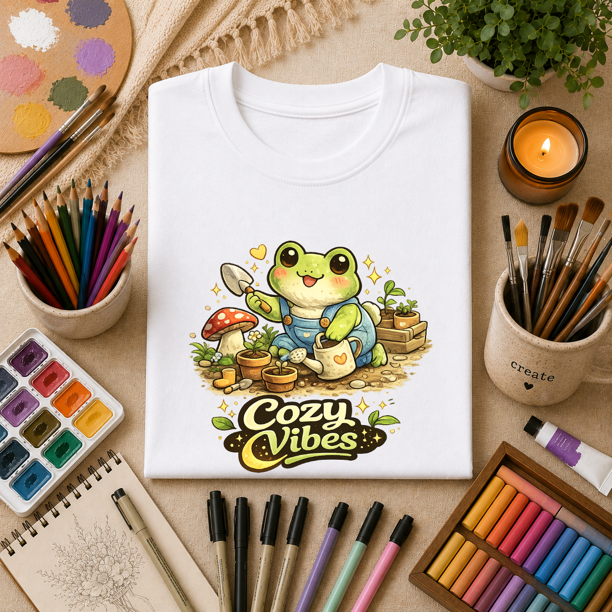 Cozy Garden Frog T-Shirt — Cute "Cozy Vibes" Gardening Tee