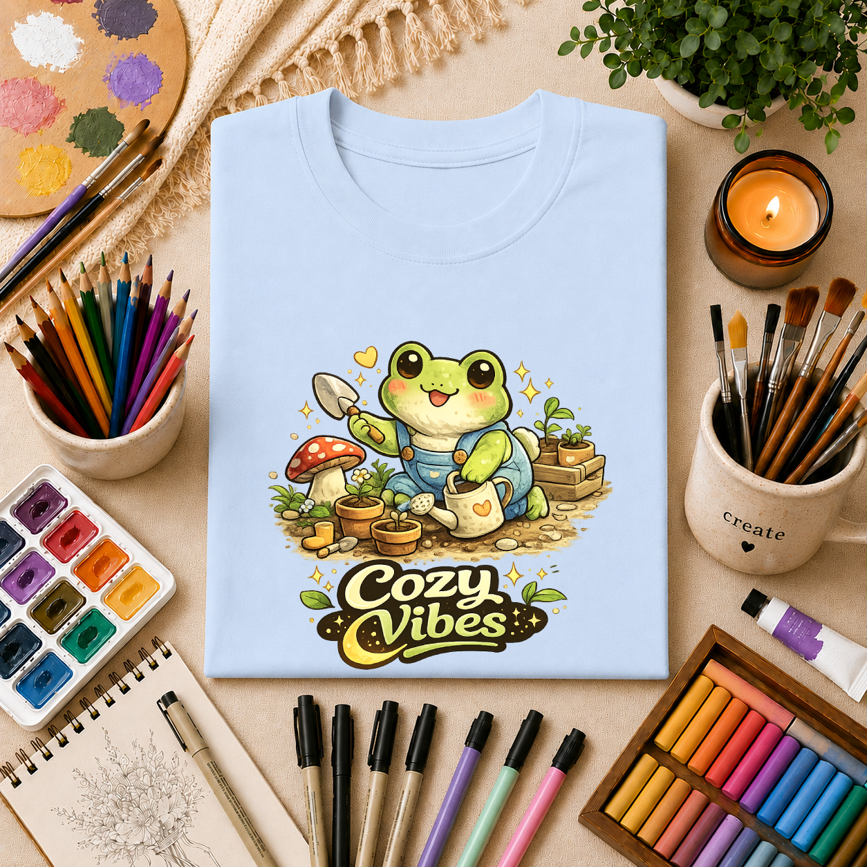Cozy Garden Frog T-Shirt — Cute "Cozy Vibes" Gardening Tee