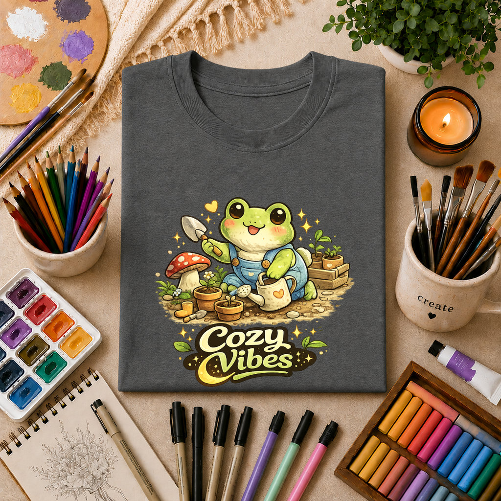 Cozy Garden Frog T-Shirt — Cute "Cozy Vibes" Gardening Tee