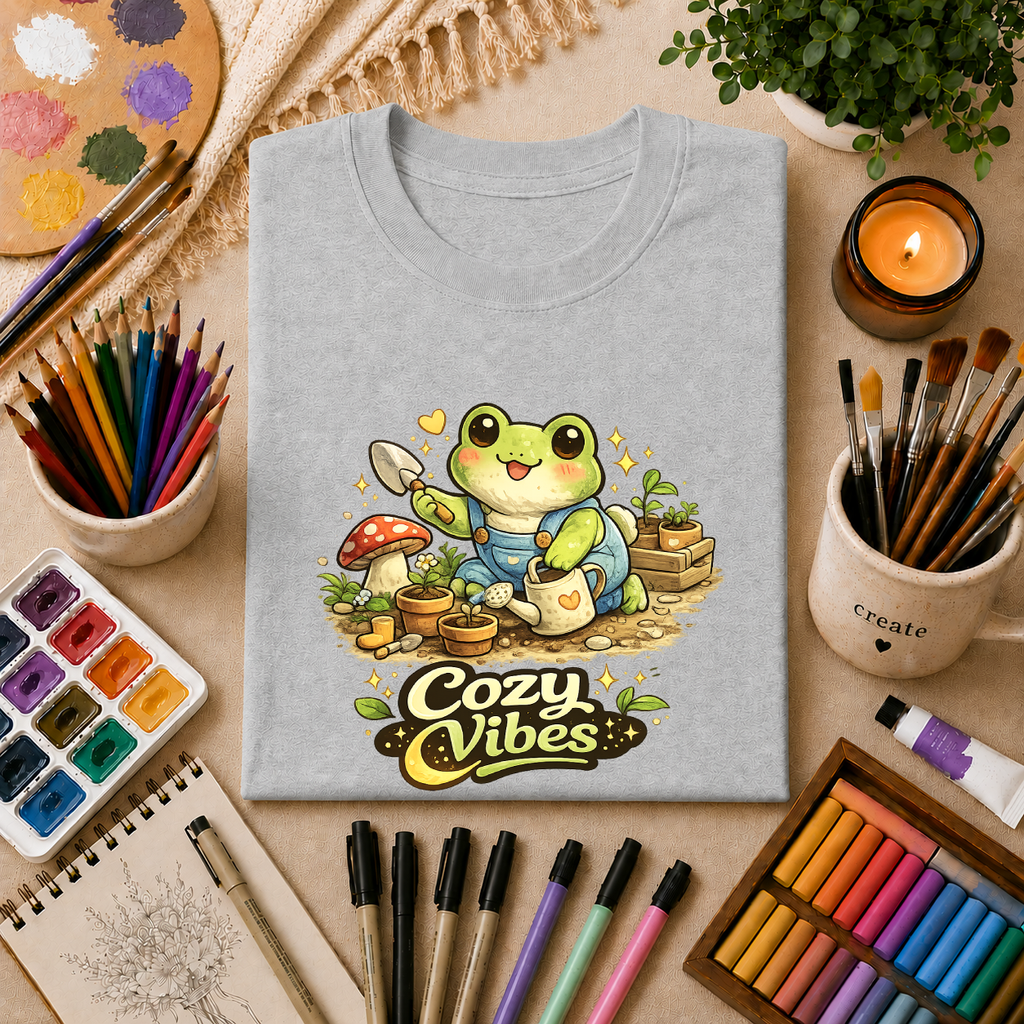 Cozy Garden Frog T-Shirt — Cute "Cozy Vibes" Gardening Tee