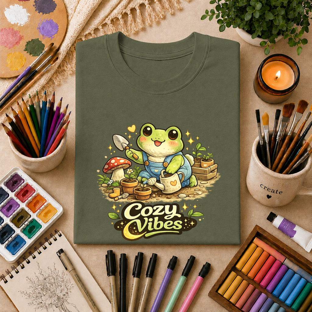 Cozy Garden Frog T-Shirt — Cute "Cozy Vibes" Gardening Tee