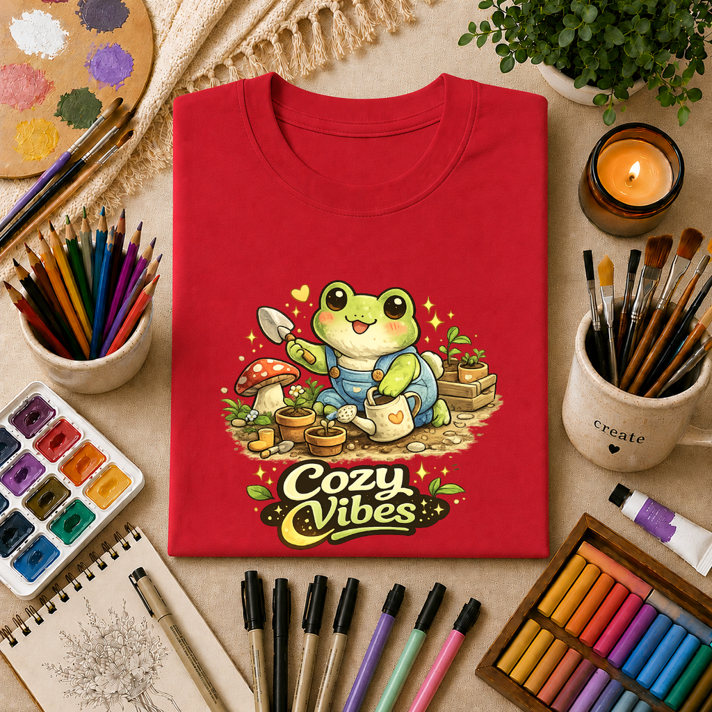 Cozy Garden Frog T-Shirt — Cute "Cozy Vibes" Gardening Tee