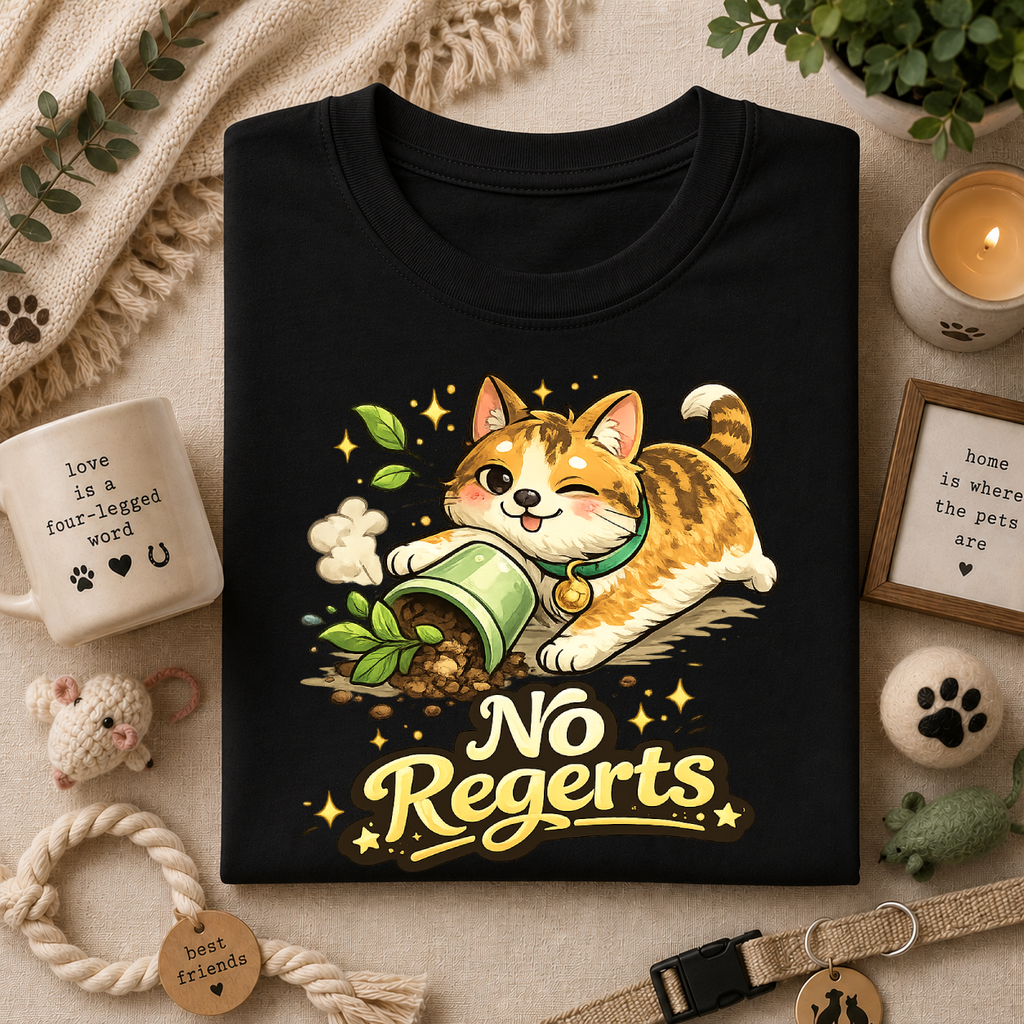 Cat with Knocked-Over Plant T-Shirt — Cute Kitty 'No Regerts' Graphic Tee