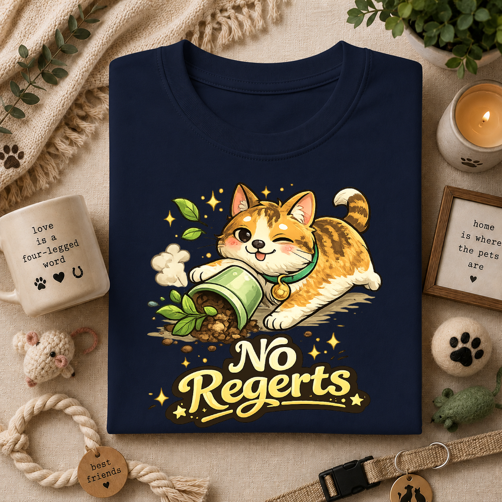 Cat with Knocked-Over Plant T-Shirt — Cute Kitty 'No Regerts' Graphic Tee