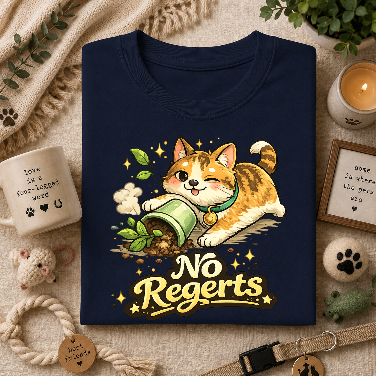 Cat with Knocked-Over Plant T-Shirt — Cute Kitty 'No Regerts' Graphic Tee