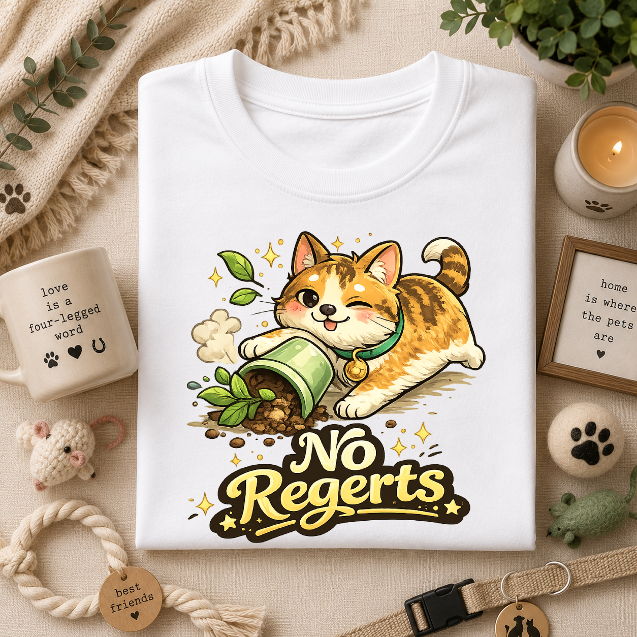 Cat with Knocked-Over Plant T-Shirt — Cute Kitty 'No Regerts' Graphic Tee