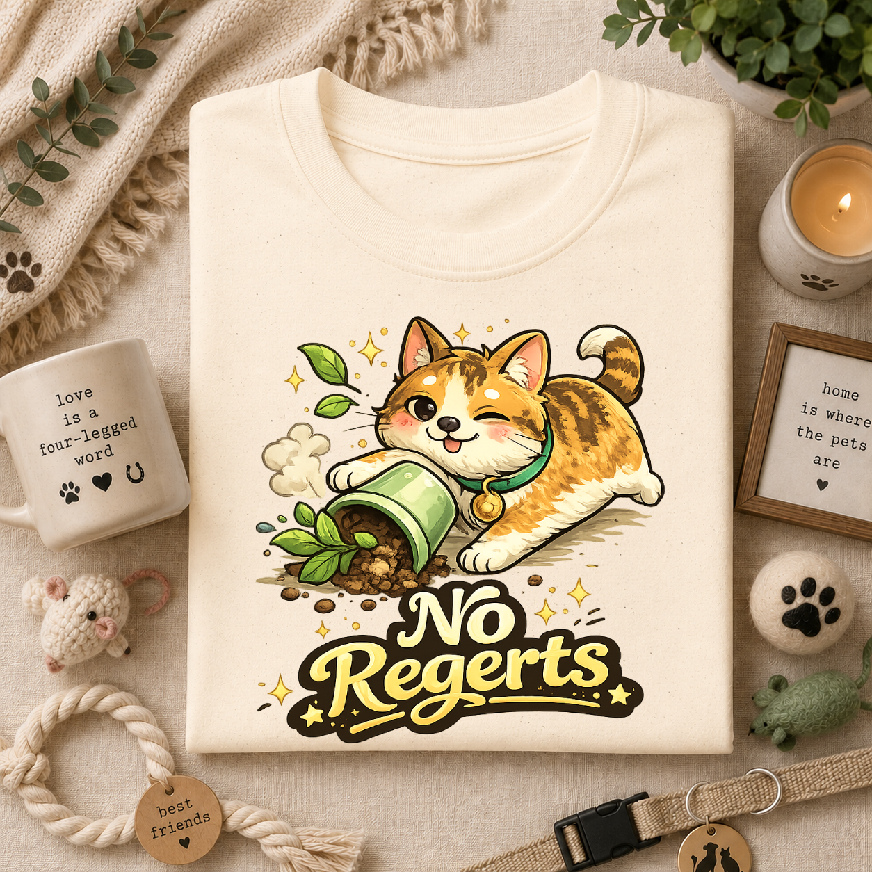 Cat with Knocked-Over Plant T-Shirt — Cute Kitty 'No Regerts' Graphic Tee