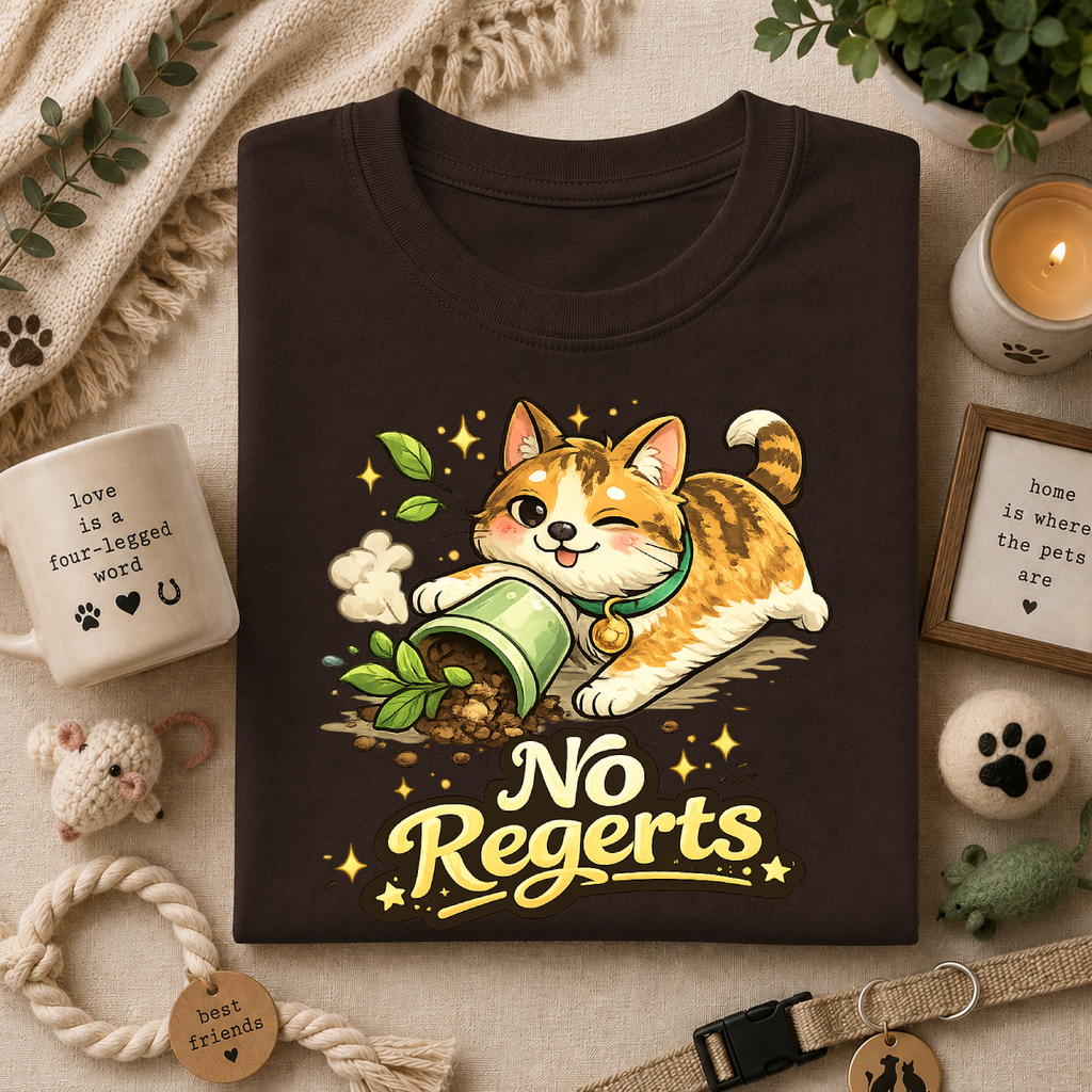 Cat with Knocked-Over Plant T-Shirt — Cute Kitty 'No Regerts' Graphic Tee