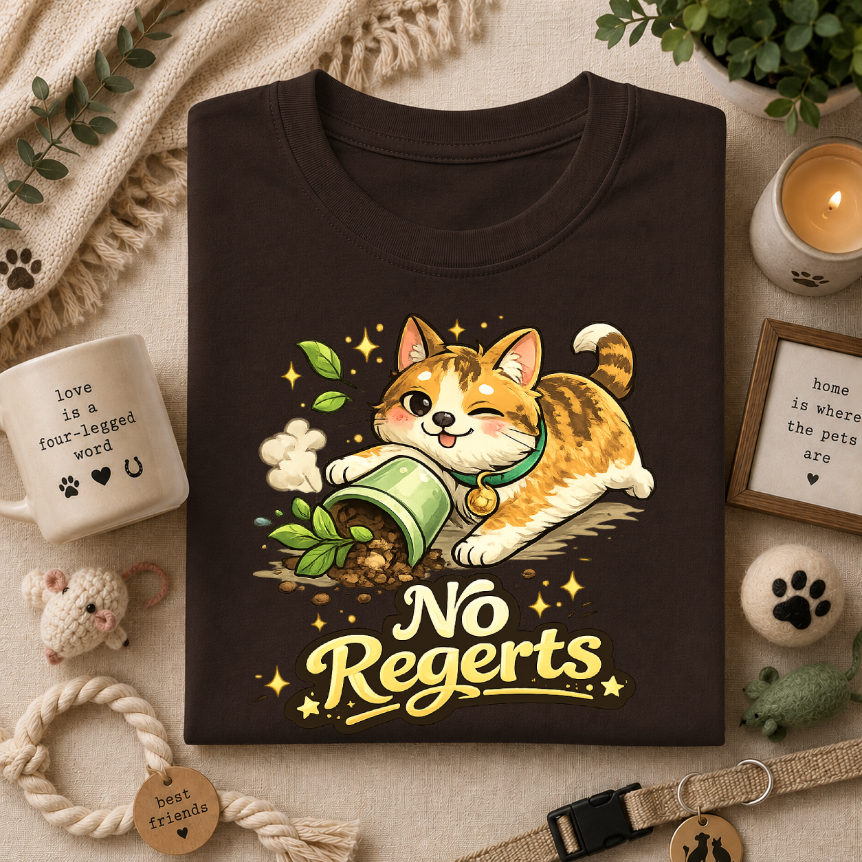 Cat with Knocked-Over Plant T-Shirt — Cute Kitty 'No Regerts' Graphic Tee