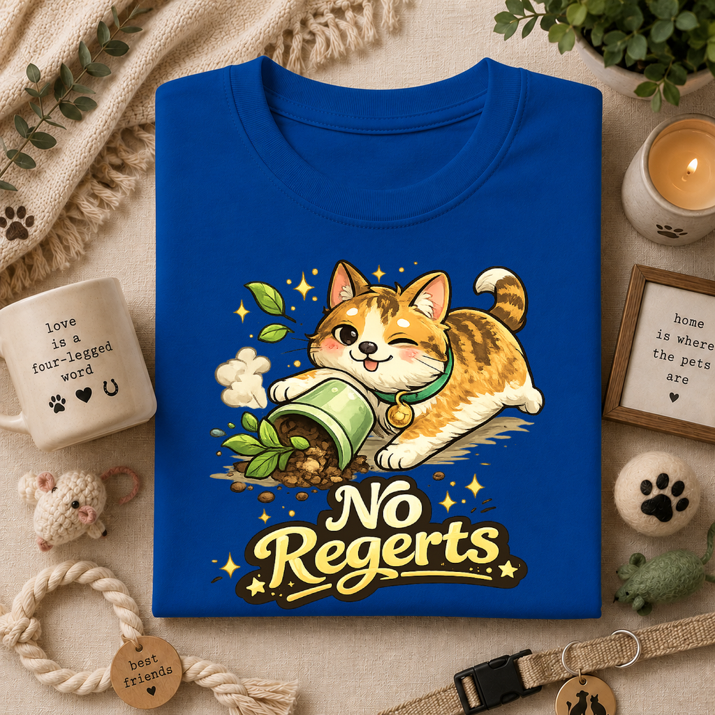 Cat with Knocked-Over Plant T-Shirt — Cute Kitty 'No Regerts' Graphic Tee