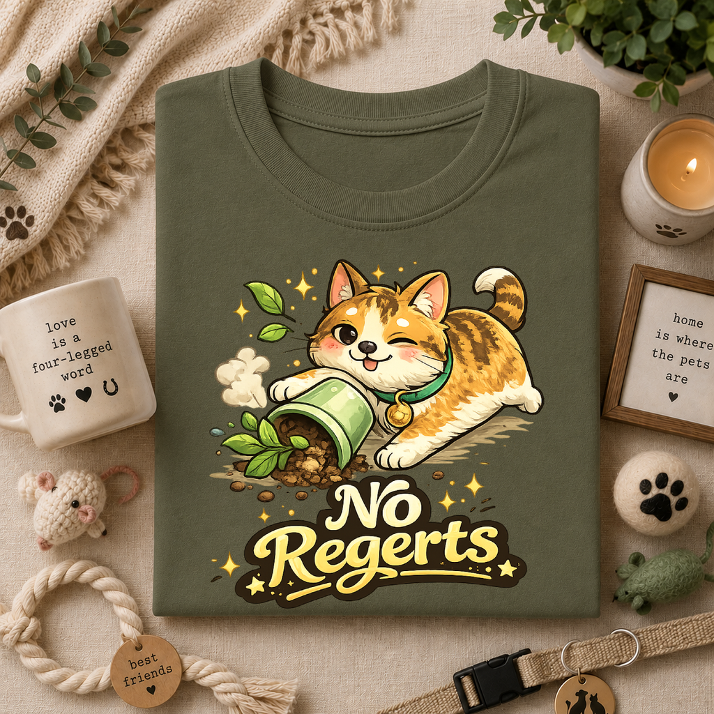 Cat with Knocked-Over Plant T-Shirt — Cute Kitty 'No Regerts' Graphic Tee