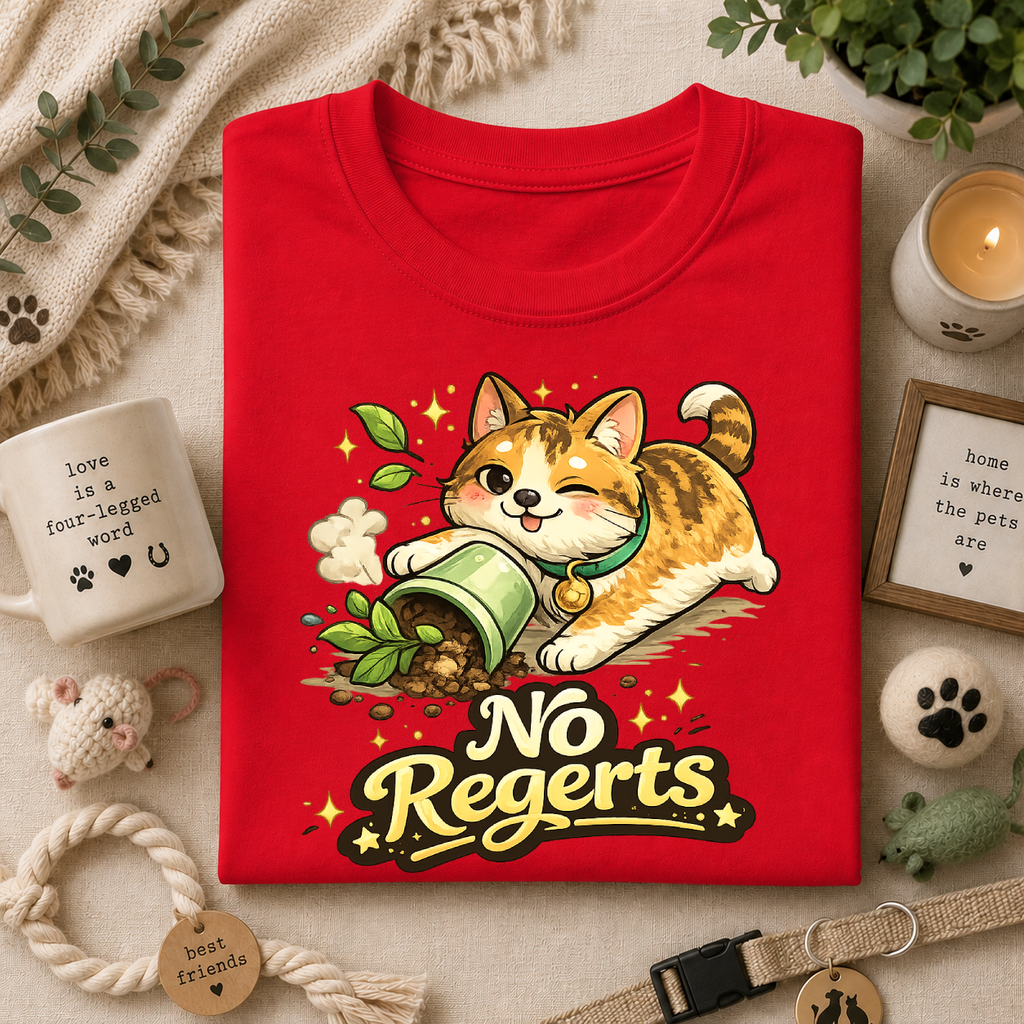 Cat with Knocked-Over Plant T-Shirt — Cute Kitty 'No Regerts' Graphic Tee