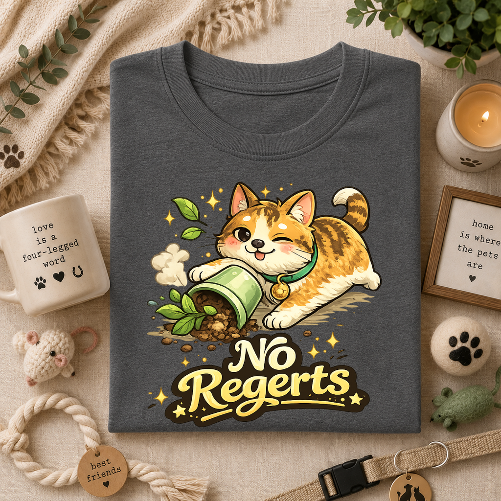 Cat with Knocked-Over Plant T-Shirt — Cute Kitty 'No Regerts' Graphic Tee