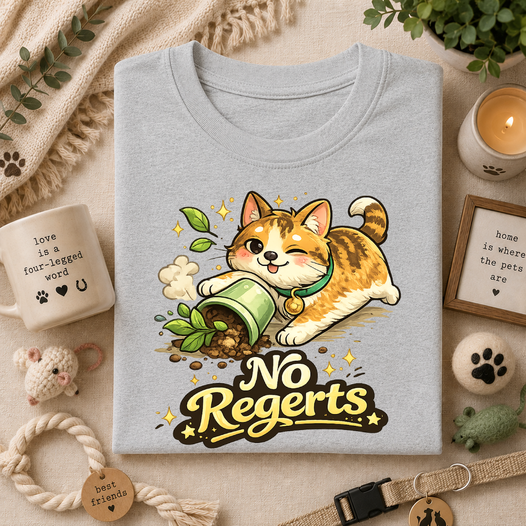 Cat with Knocked-Over Plant T-Shirt — Cute Kitty 'No Regerts' Graphic Tee