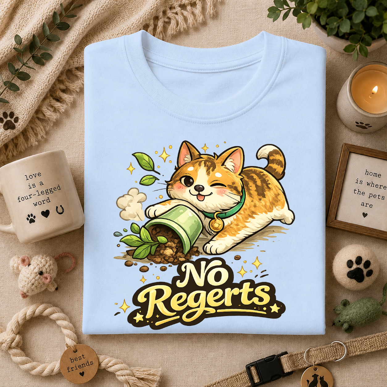 Cat with Knocked-Over Plant T-Shirt — Cute Kitty 'No Regerts' Graphic Tee