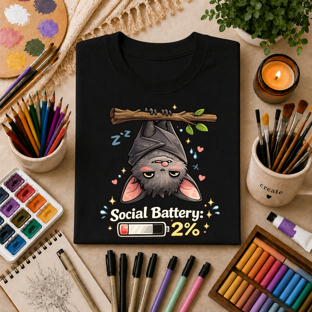"Social Battery 2%" Cute Sleeping Bat Graphic Tee
