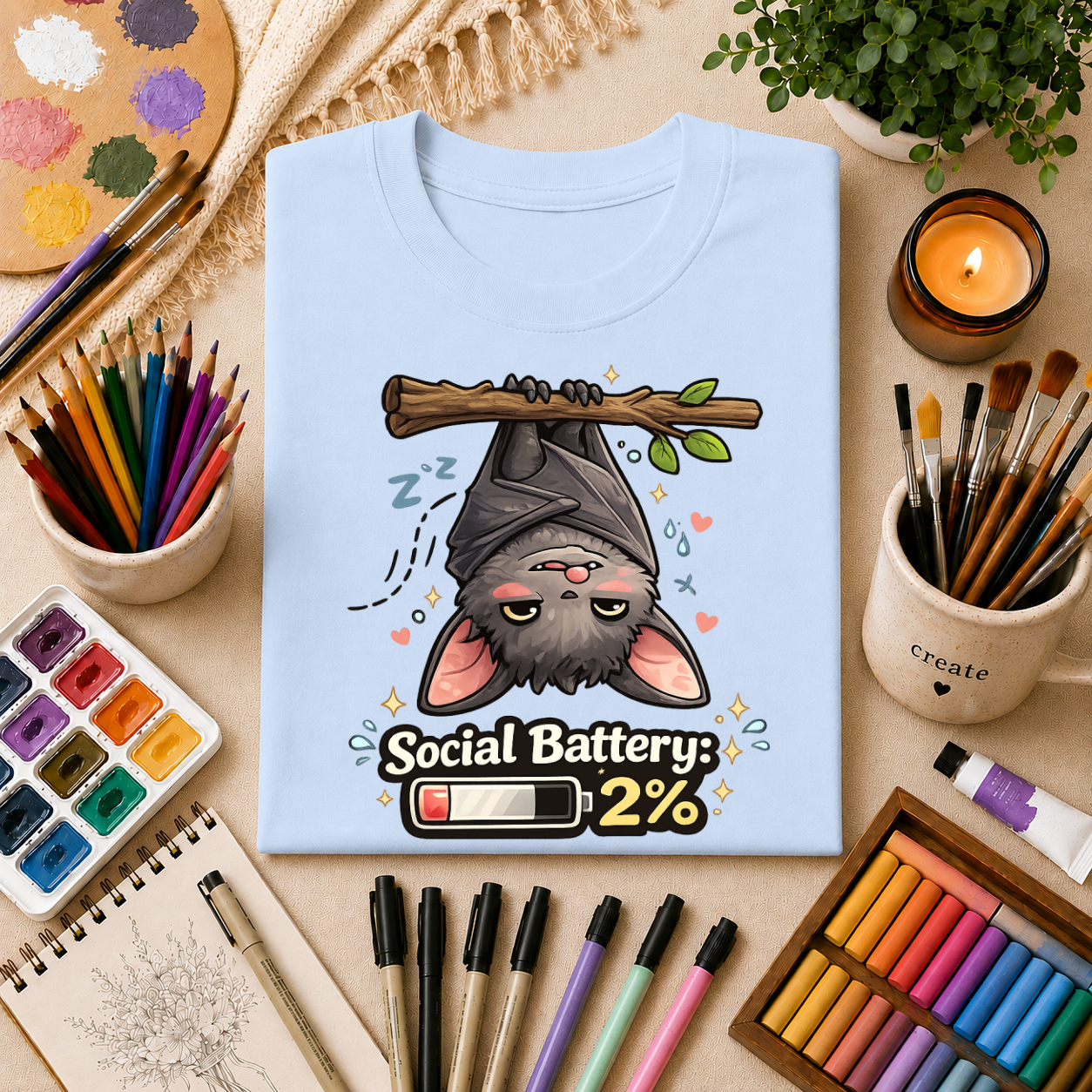 "Social Battery 2%" Cute Sleeping Bat Graphic Tee