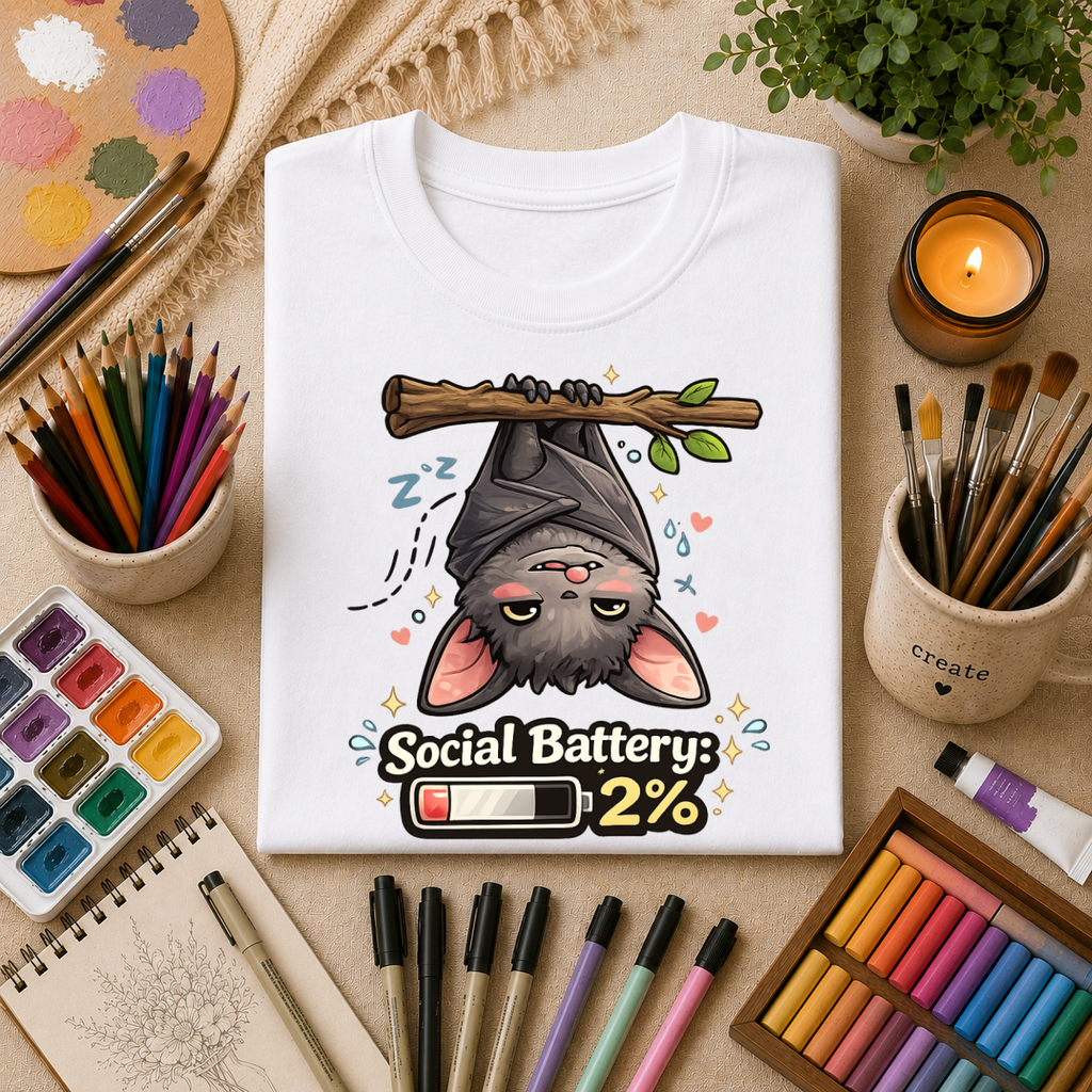 "Social Battery 2%" Cute Sleeping Bat Graphic Tee