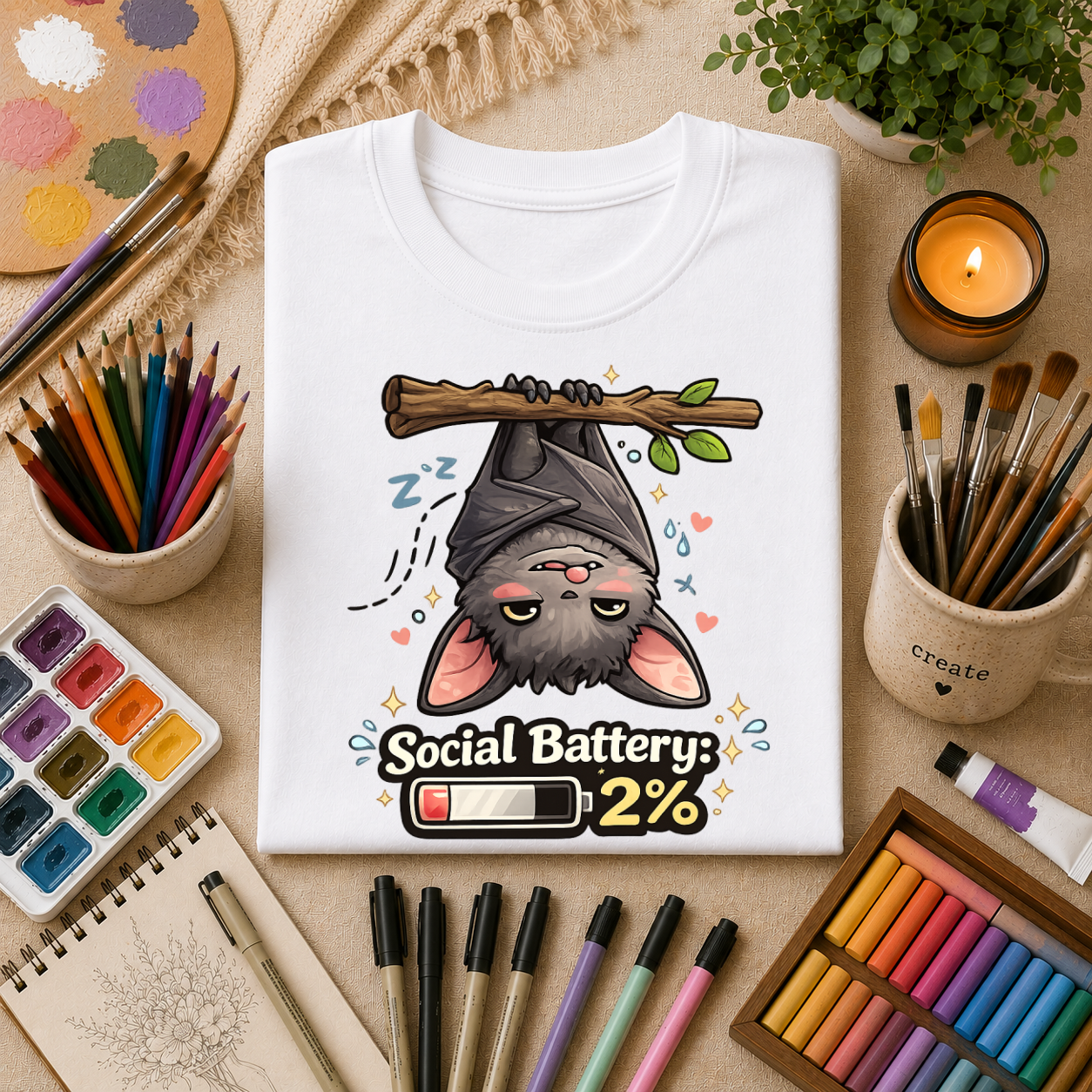 "Social Battery 2%" Cute Sleeping Bat Graphic Tee