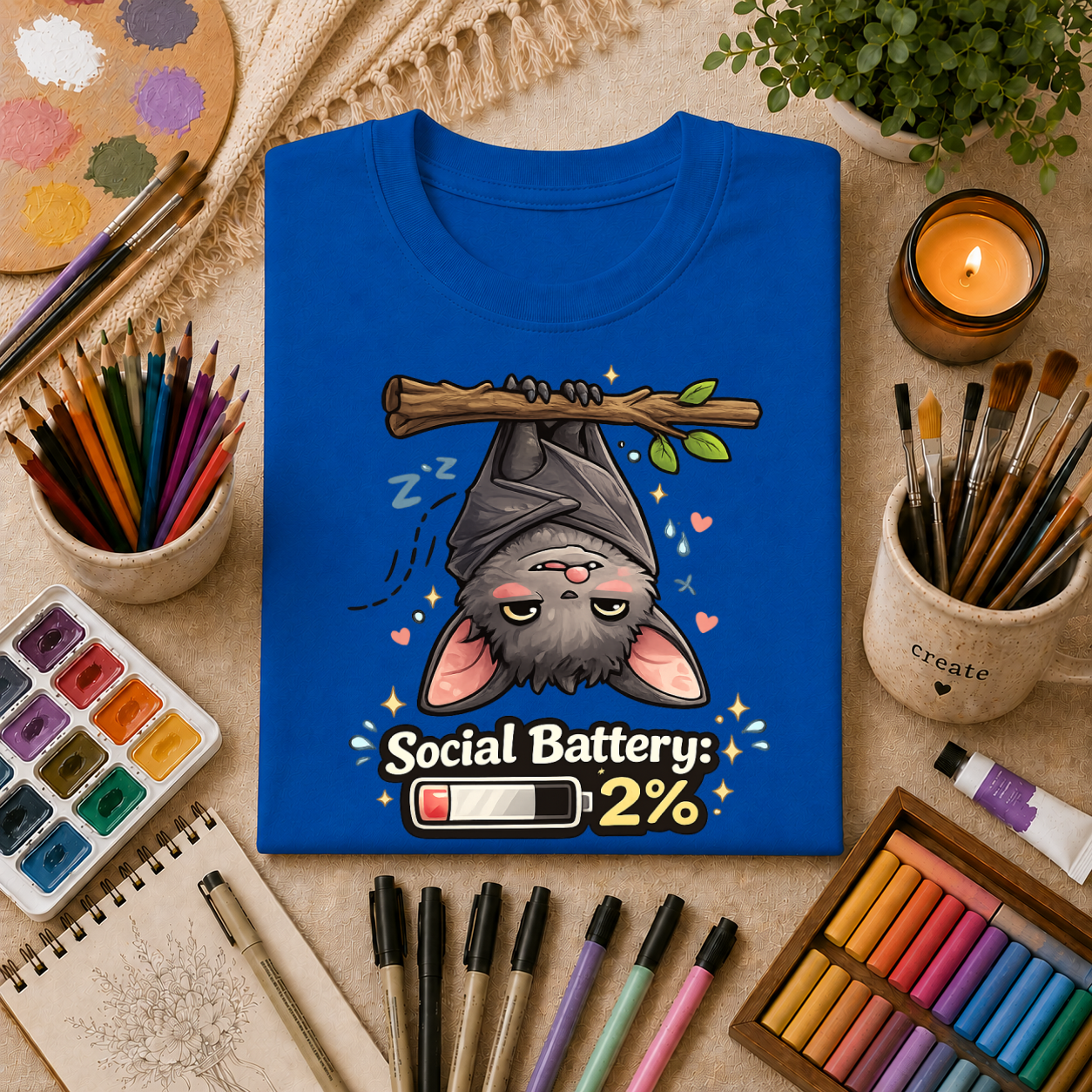 "Social Battery 2%" Cute Sleeping Bat Graphic Tee
