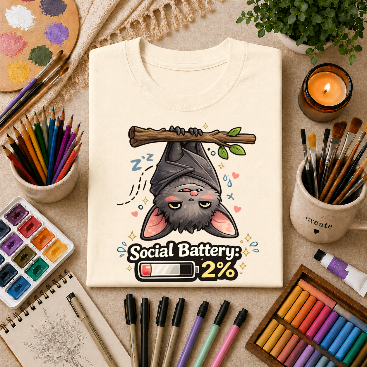"Social Battery 2%" Cute Sleeping Bat Graphic Tee