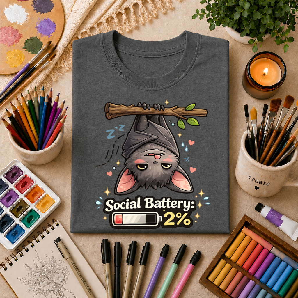 "Social Battery 2%" Cute Sleeping Bat Graphic Tee