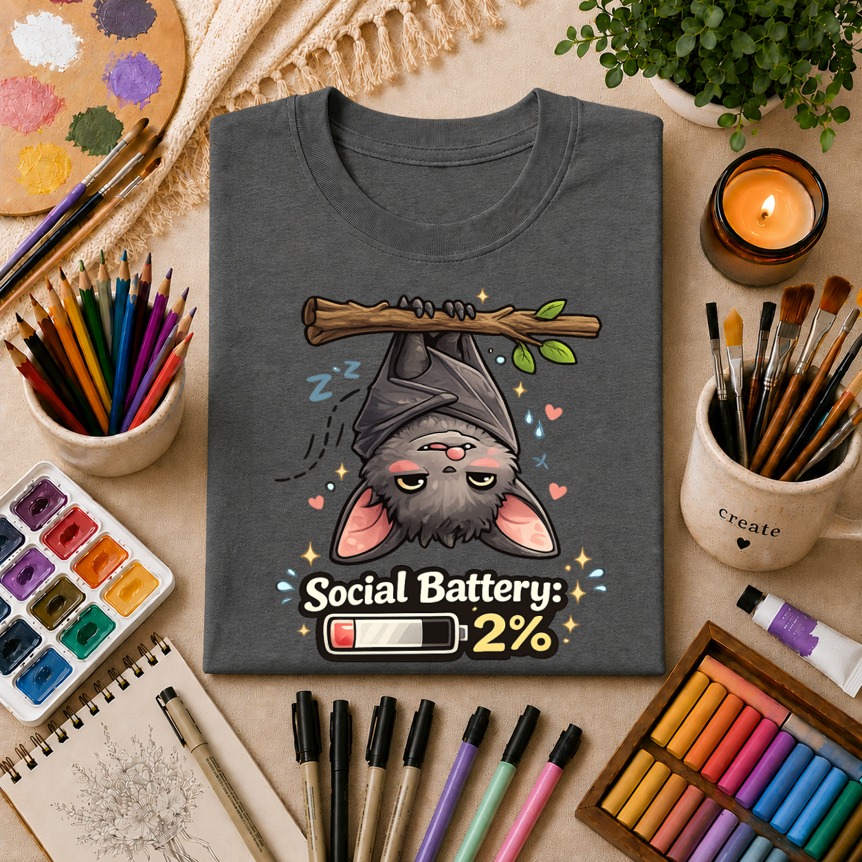 "Social Battery 2%" Cute Sleeping Bat Graphic Tee