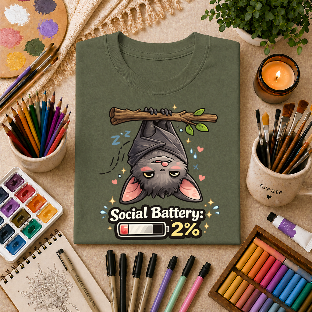 "Social Battery 2%" Cute Sleeping Bat Graphic Tee
