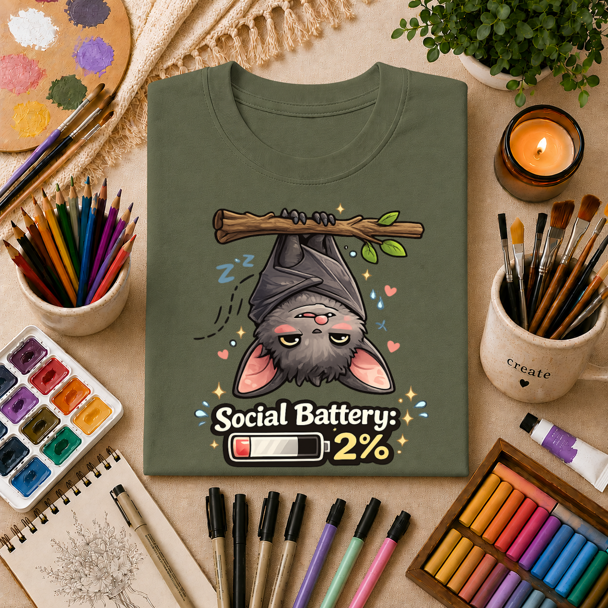 "Social Battery 2%" Cute Sleeping Bat Graphic Tee