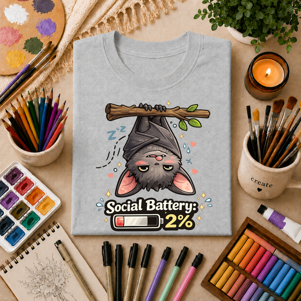 "Social Battery 2%" Cute Sleeping Bat Graphic Tee