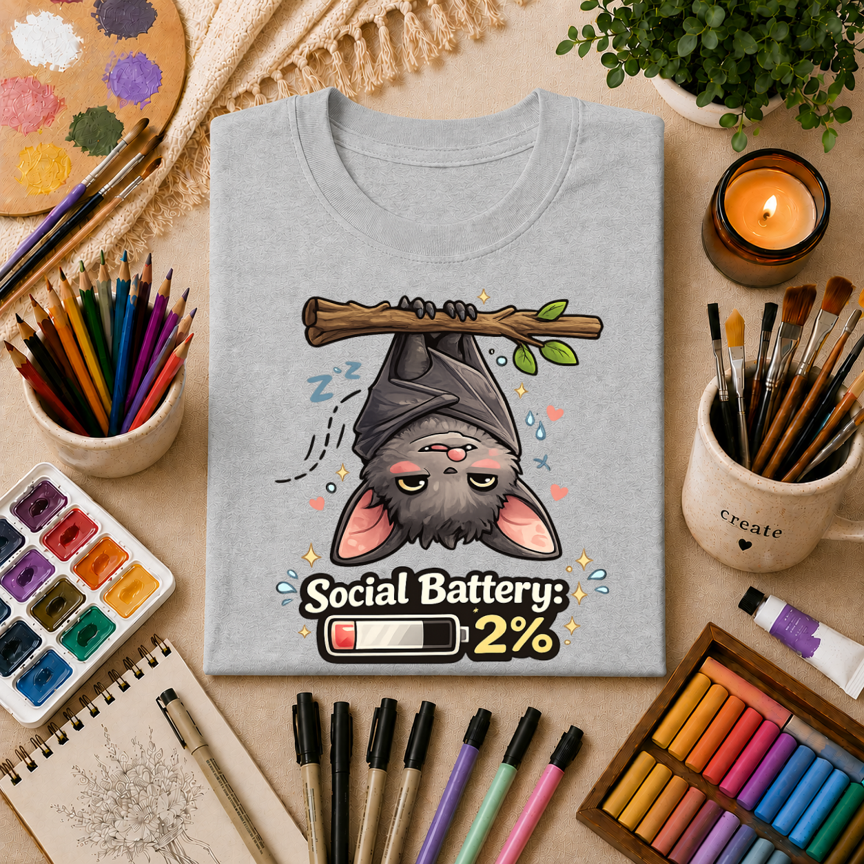 "Social Battery 2%" Cute Sleeping Bat Graphic Tee