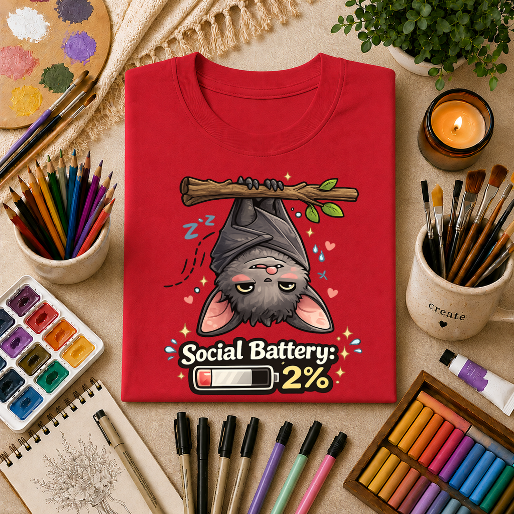 "Social Battery 2%" Cute Sleeping Bat Graphic Tee