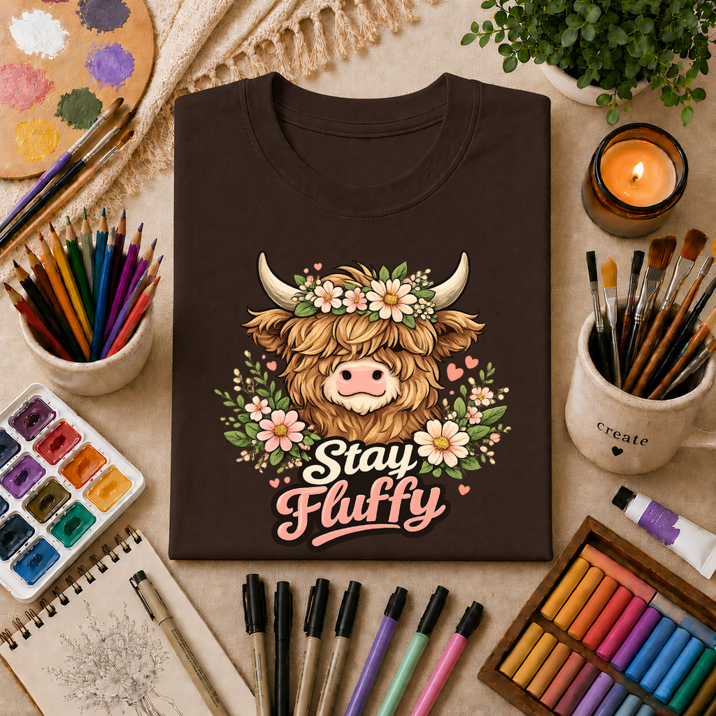 Highland Cow "Stay Fluffy" T-Shirt — Floral Highland Cattle Graphic Tee