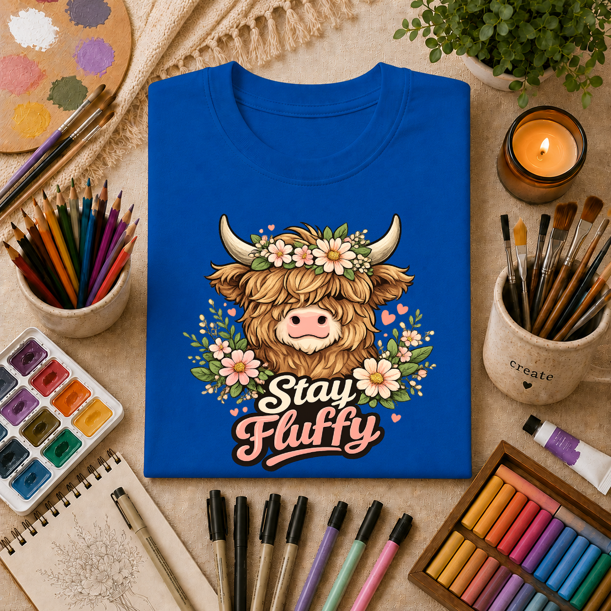 Highland Cow "Stay Fluffy" T-Shirt — Floral Highland Cattle Graphic Tee