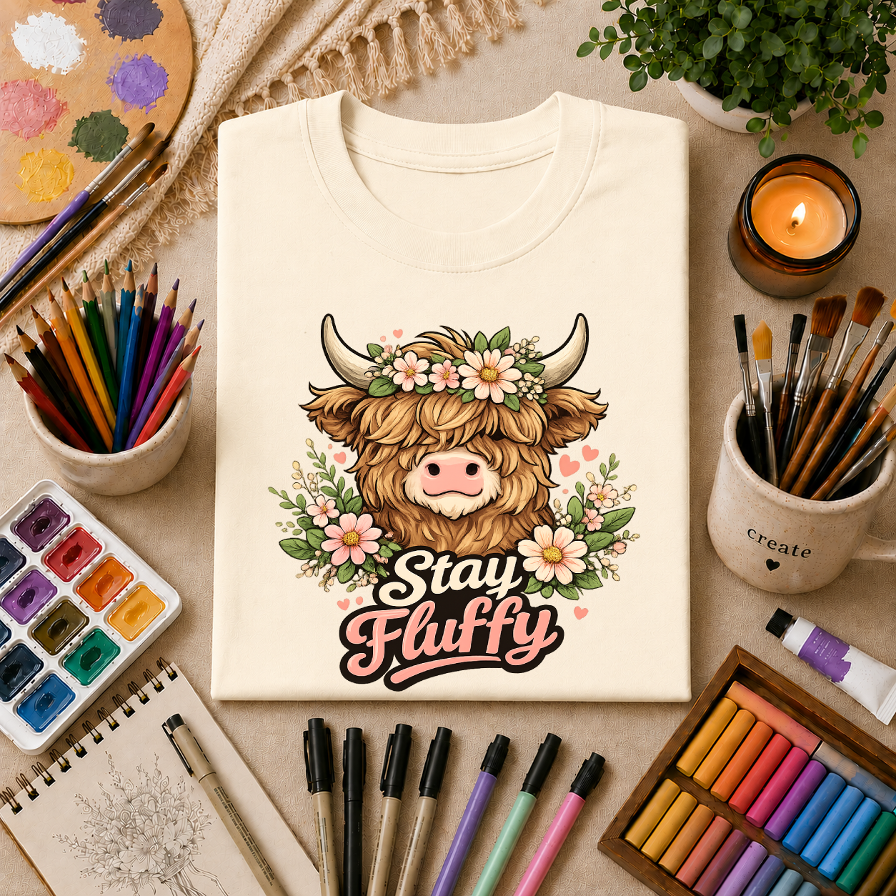 Highland Cow "Stay Fluffy" T-Shirt — Floral Highland Cattle Graphic Tee