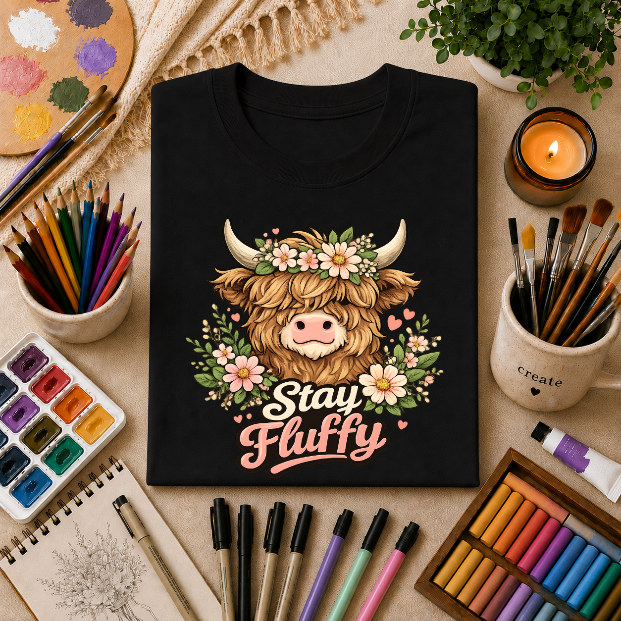 Highland Cow "Stay Fluffy" T-Shirt — Floral Highland Cattle Graphic Tee