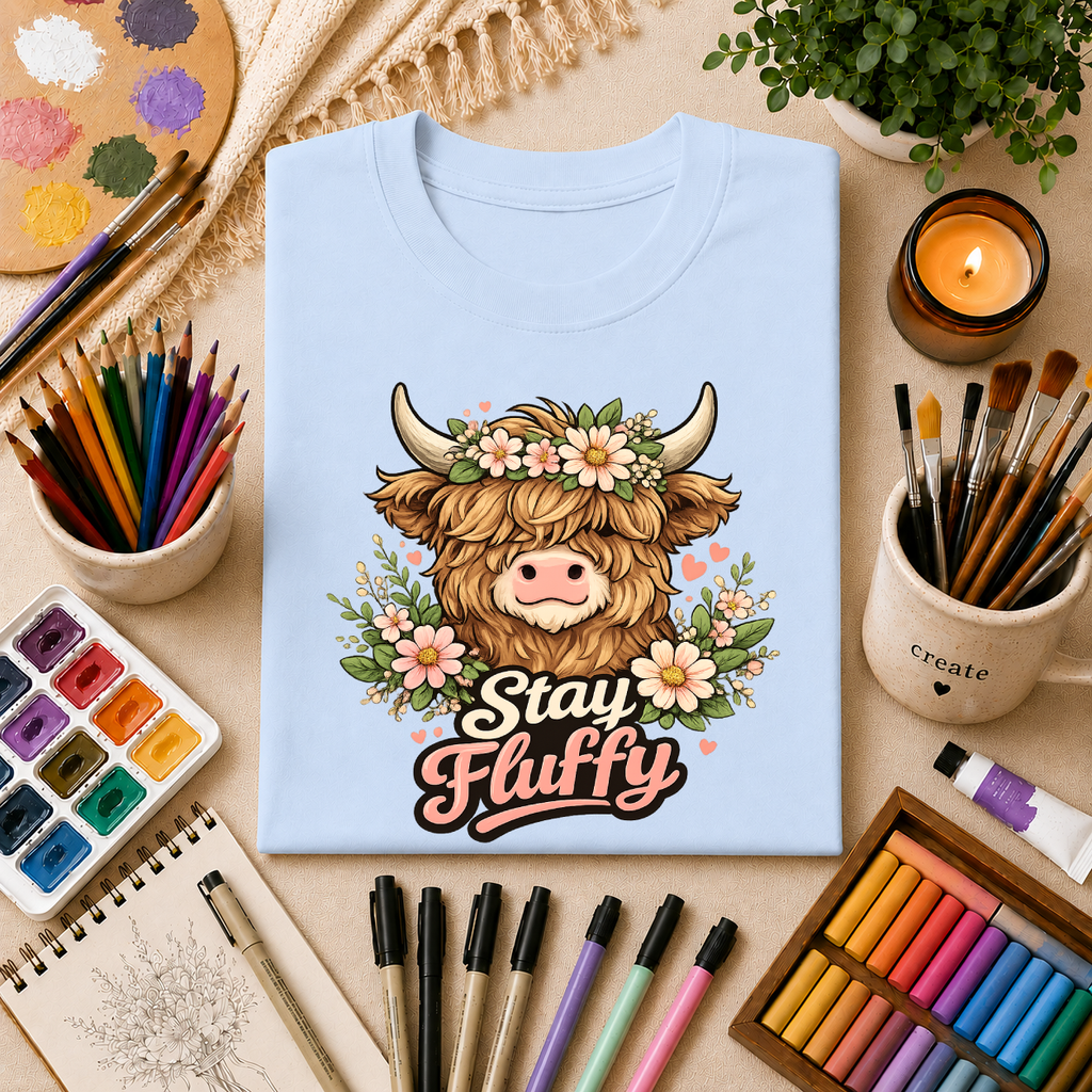 Highland Cow "Stay Fluffy" T-Shirt — Floral Highland Cattle Graphic Tee