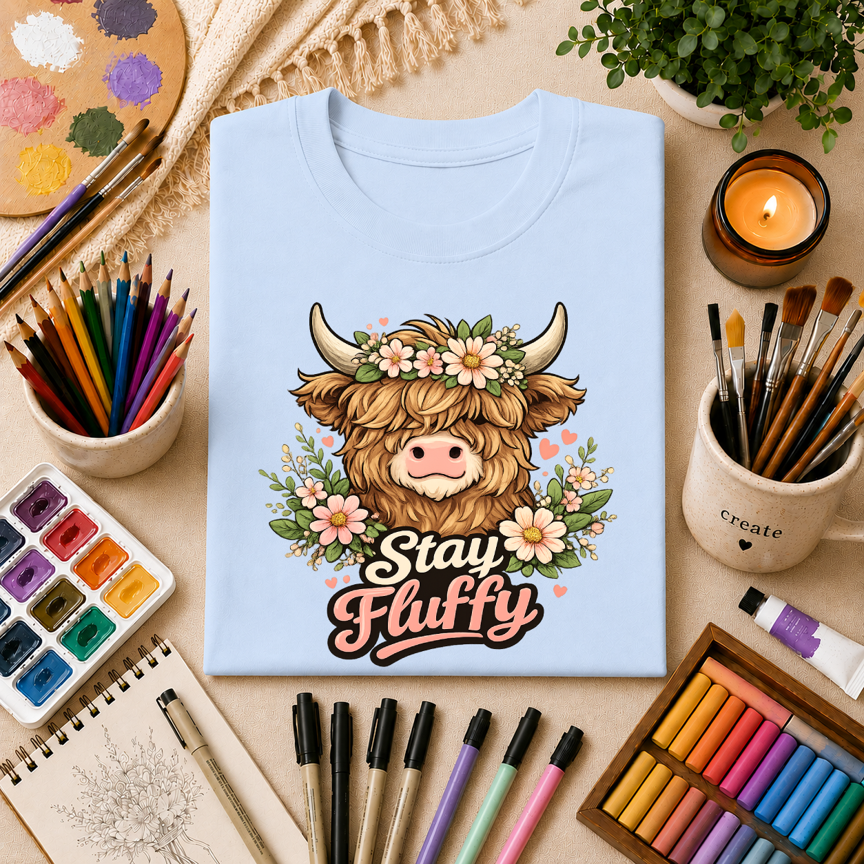 Highland Cow "Stay Fluffy" T-Shirt — Floral Highland Cattle Graphic Tee