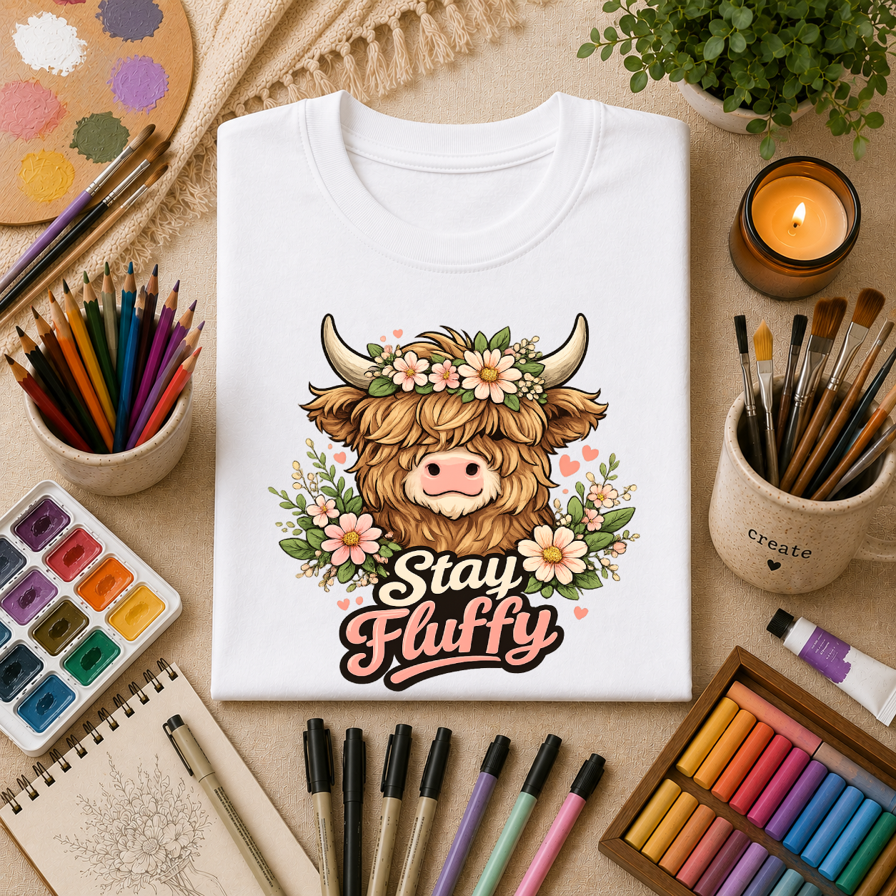Highland Cow "Stay Fluffy" T-Shirt — Floral Highland Cattle Graphic Tee