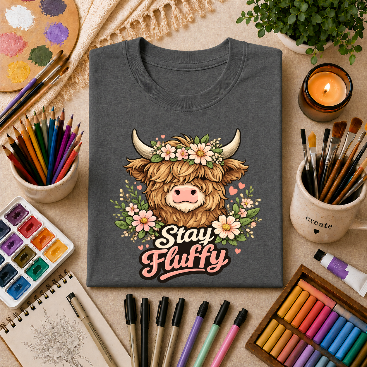 Highland Cow "Stay Fluffy" T-Shirt — Floral Highland Cattle Graphic Tee