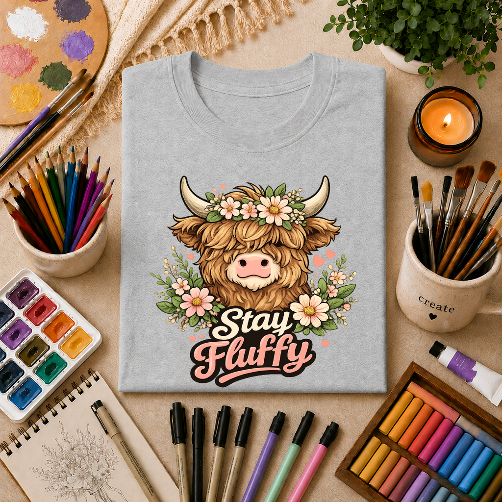 Highland Cow "Stay Fluffy" T-Shirt — Floral Highland Cattle Graphic Tee
