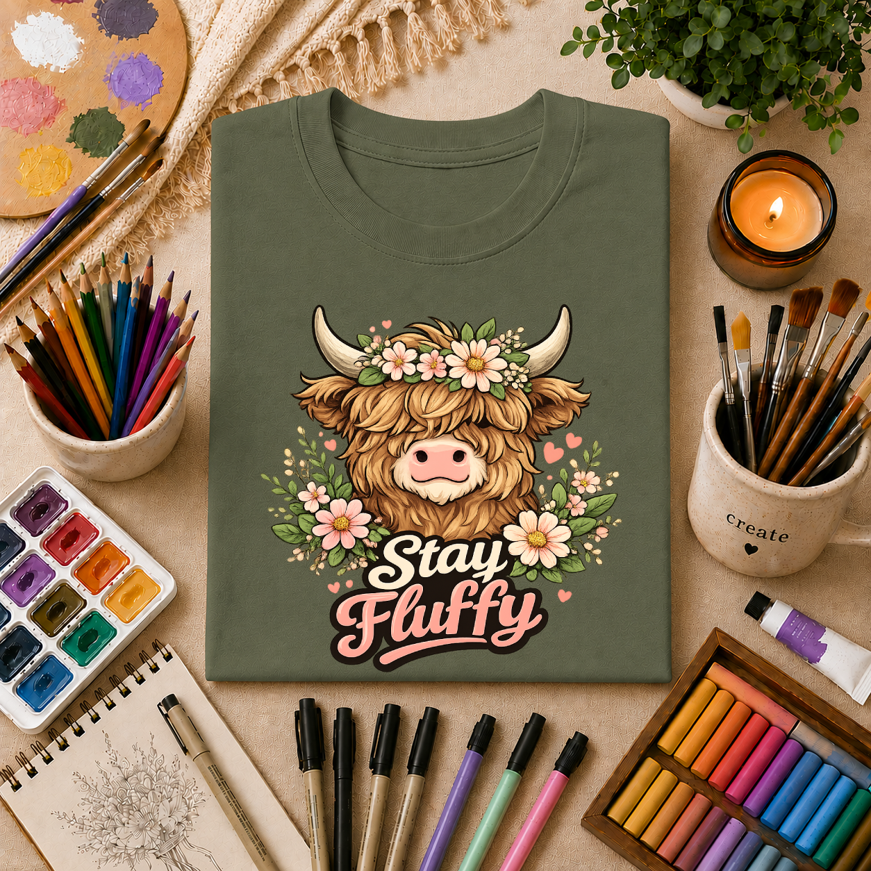 Highland Cow "Stay Fluffy" T-Shirt — Floral Highland Cattle Graphic Tee