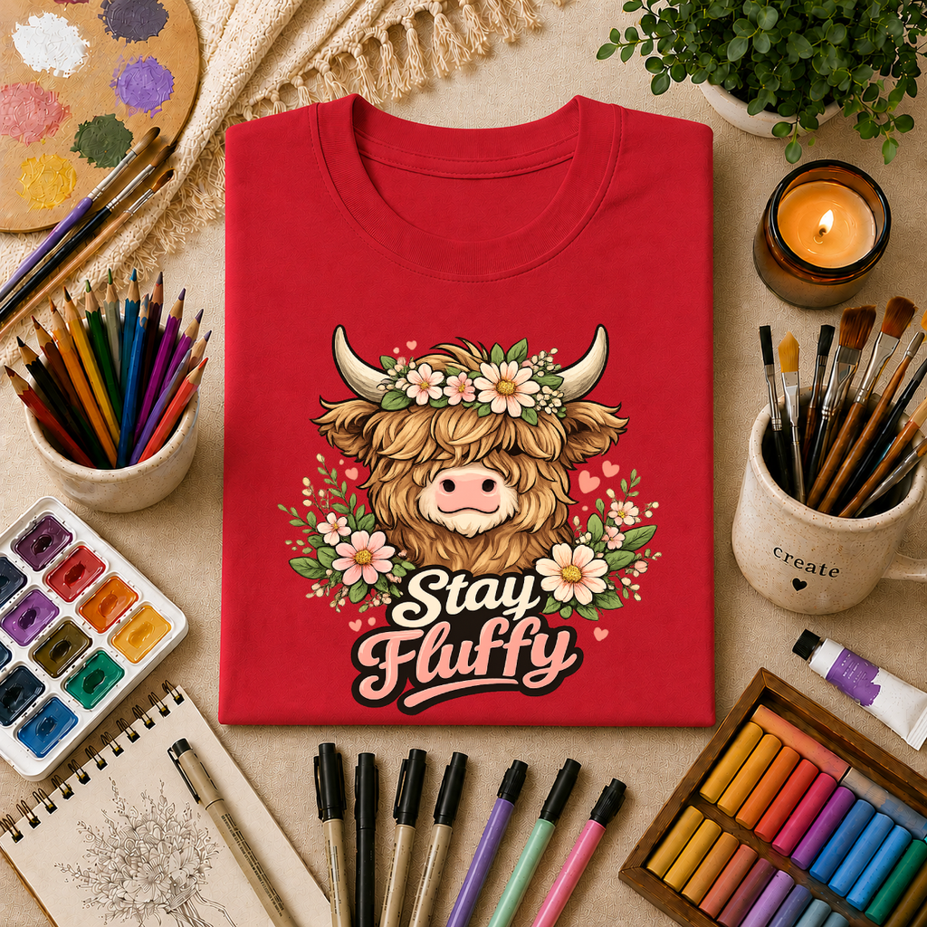 Highland Cow "Stay Fluffy" T-Shirt — Floral Highland Cattle Graphic Tee