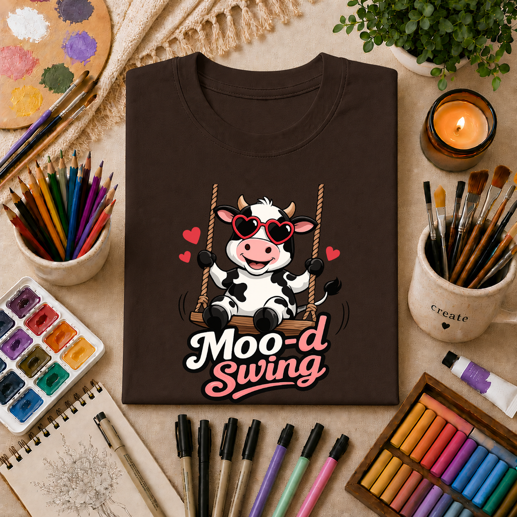 T-Shirt - "Moo-d Swing" Cute Cow on Swing Graphic Tee