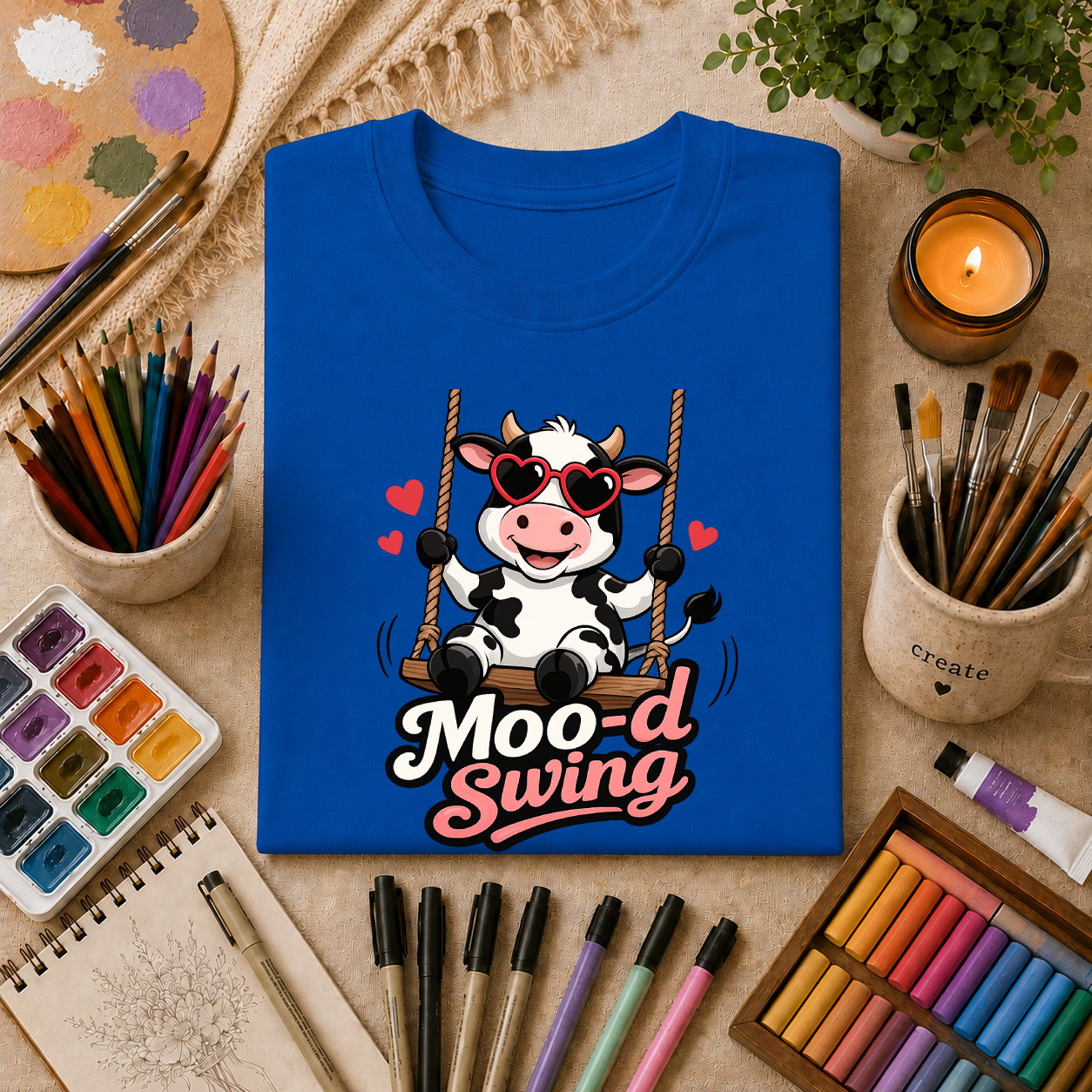 T-Shirt - "Moo-d Swing" Cute Cow on Swing Graphic Tee