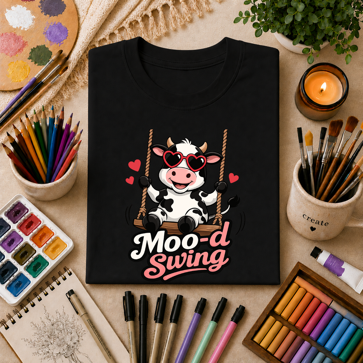 T-Shirt - "Moo-d Swing" Cute Cow on Swing Graphic Tee